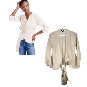 J. CREW *NWOT Tie Waist Wrap Mandarin Collar White & Moka Brown Striped Blouse S